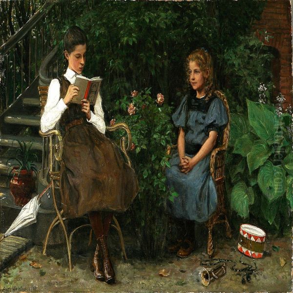 Two Girls In A Garden Oil Painting by Axel Helsted