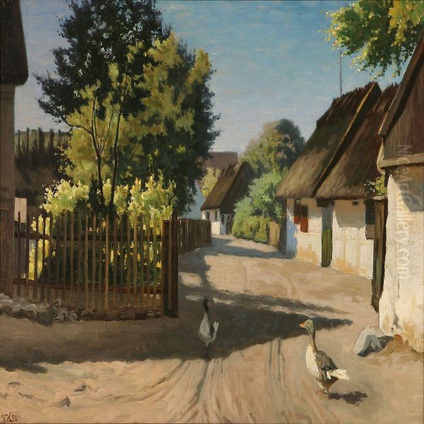 Summer Day With Geese On A Road In Gilleleje, Denmark Oil Painting by Viggo Helsted