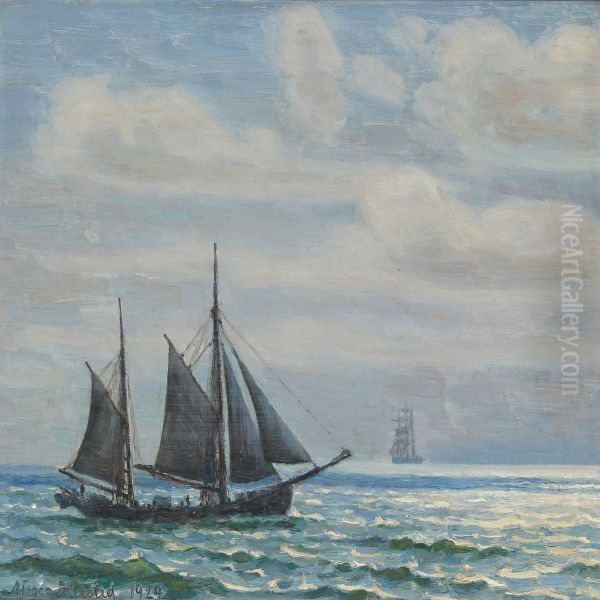 Ships At Sea In The Sunlight Oil Painting by Viggo Helsted