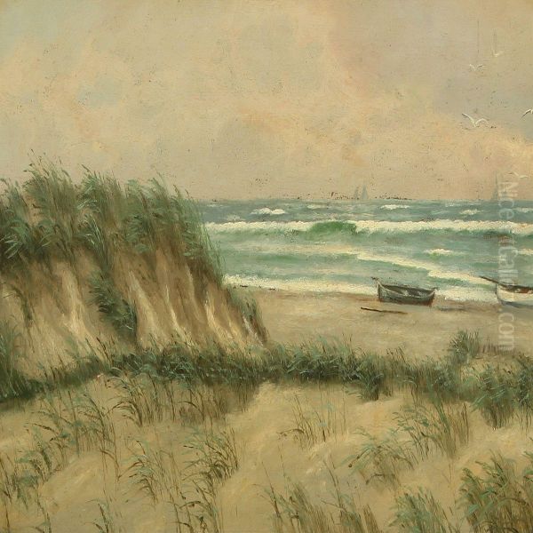 Seashore With Dinghies On The Beach Oil Painting by Viggo Helsted