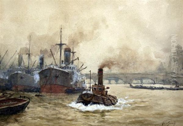 Unloading On The Thames Oil Painting by Augustus Morton Hely-Smith