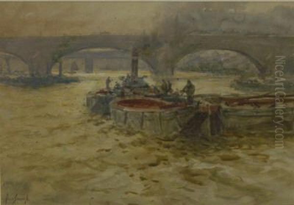 Barges On The Thames Oil Painting by Augustus Morton Hely-Smith