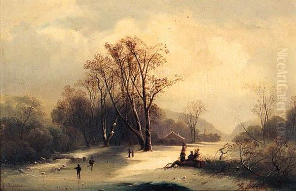 Figures In A Frozen Winter Landscape Oil Painting by A. Helzer