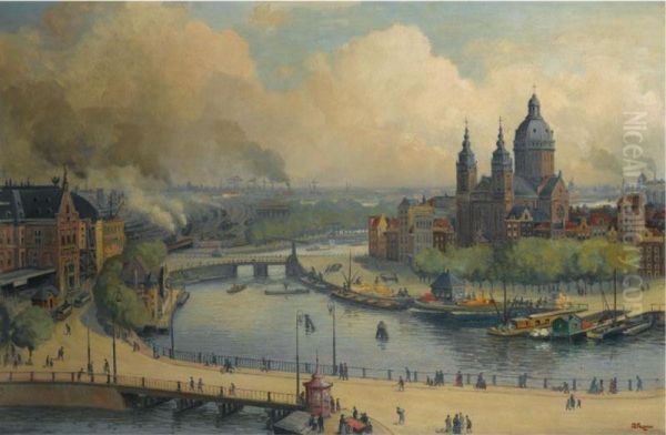 A View Of The Central Station And St. Nicholaas Church, Amsterdam by Albert Hemelman