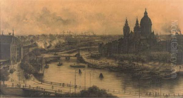 A View Of The Central Station And St. Nicholaas Church, Amsterdam by Albert Hemelman