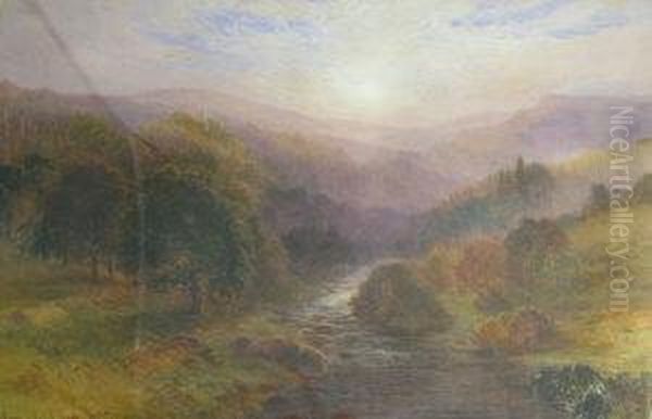 River Landscape With Trees And Mountians Oil Painting by Arthur Henry Howard Heming