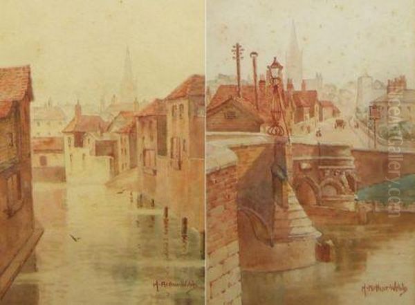 Bishop Bridge; And View On The Wensum Oil Painting by Arthur Henry Howard Heming