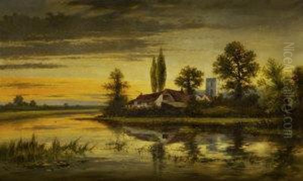 Riverside Village At Evening Oil Painting by Arthur Henry Howard Heming