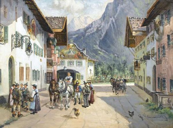 Postkutsche In Mittenwald Oil Painting by Georg Hemmrich