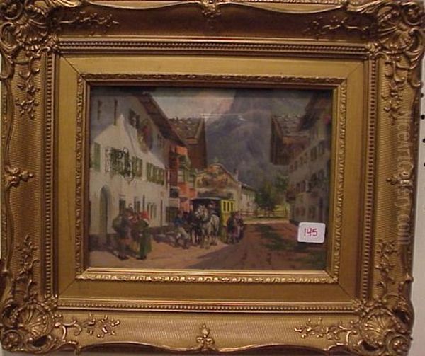 Street Scene With Mountains In The Background Oil Painting by Georg Hemmrich