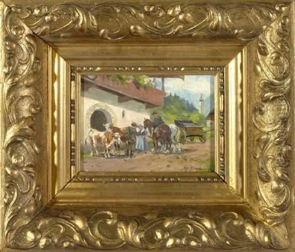 Bauerin Und Zwei Bauern Mit Je Zwei Kuhen Und Pferden Vor Einem Bauernhaus Oil Painting by Georg Hemmrich