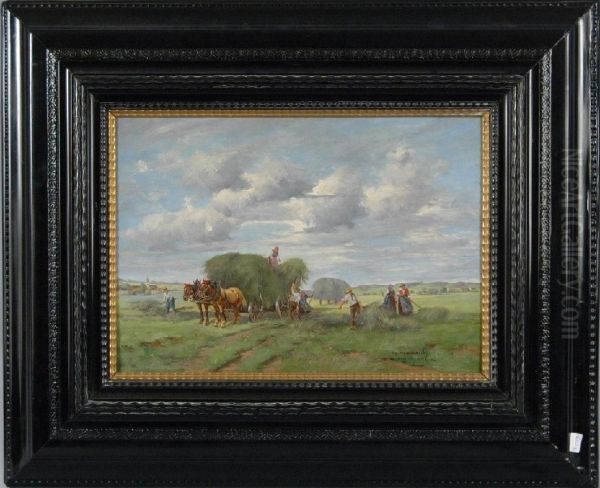 Heuernte Vor Dem Dorf Oil Painting by Georg Hemmrich