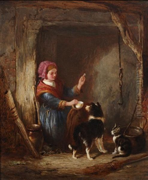 Girl With A Dog And Cat In A Cottage Interior Oil Painting by William Hemsley