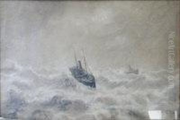 Two Fishing Boats In Rough Seas Oil Painting by Bernard Benedict Hemy