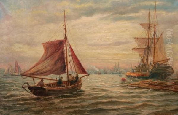 Segelbat Pa Vag Mot Handelsfartygen Oil Painting by Bernard Benedict Hemy