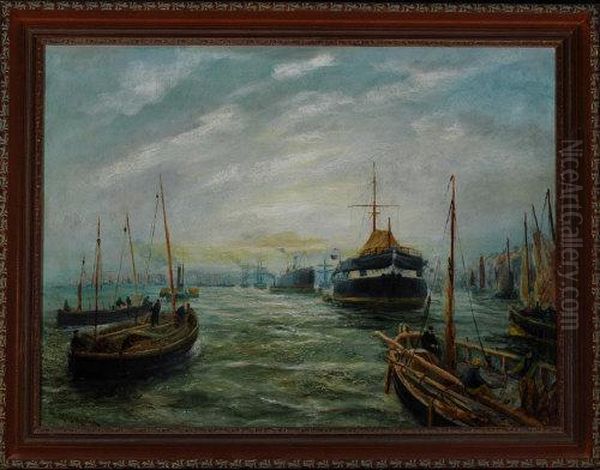 The Training Ship Wellesley And Other Shipping In North Shields Harbour Oil Painting by Bernard Benedict Hemy