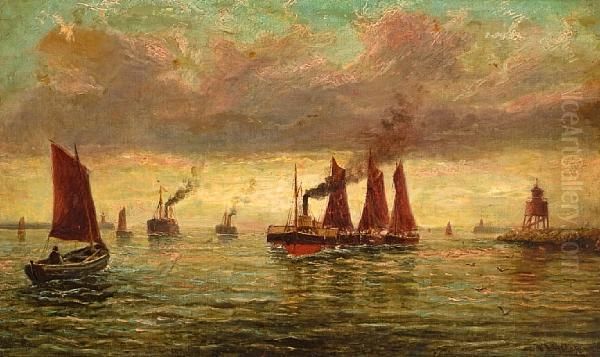 Tyne River Barges Under Tow Past The Point Oil Painting by Bernard Benedict Hemy