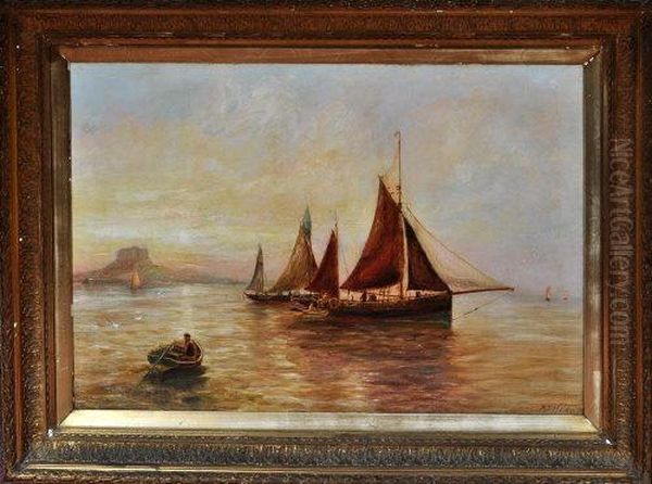 Fishing Boats With Lindisfarne Castle In The Distance Oil Painting by Bernard Benedict Hemy