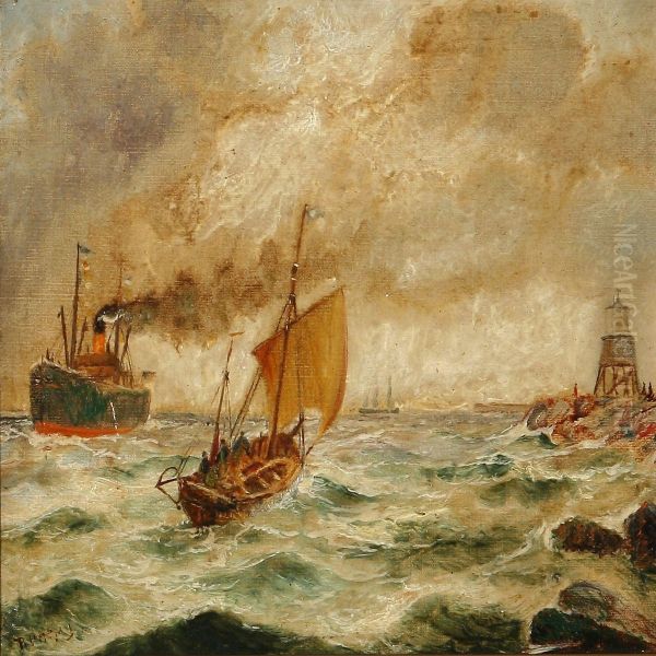 Coastal Scene With Different Ships At The Sea Oil Painting by Bernard Benedict Hemy