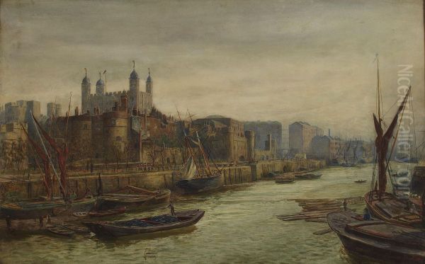 Shipping On The Thames, Tower Of London In The Distance Oil Painting by Thomas Marie Madawaska Hemy