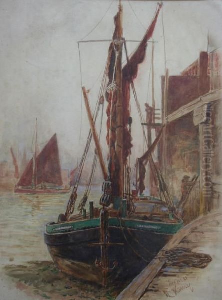 A Fishing Boat Moored Up At A Quay Signed Oil Painting by Thomas Marie Madawaska Hemy