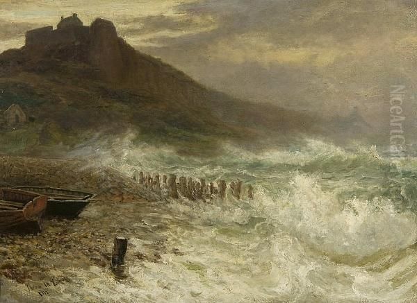 Coastal Scene Thought To Depict Bamburgh Castle Oil Painting by Thomas Marie Madawaska Hemy