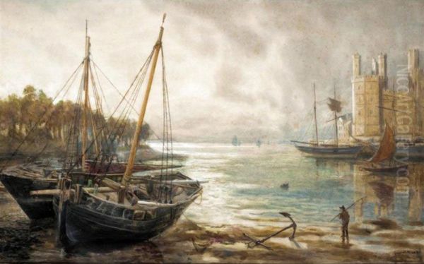 Fishing Boats Near Carnarvon Castle Oil Painting by Thomas Marie Madawaska Hemy