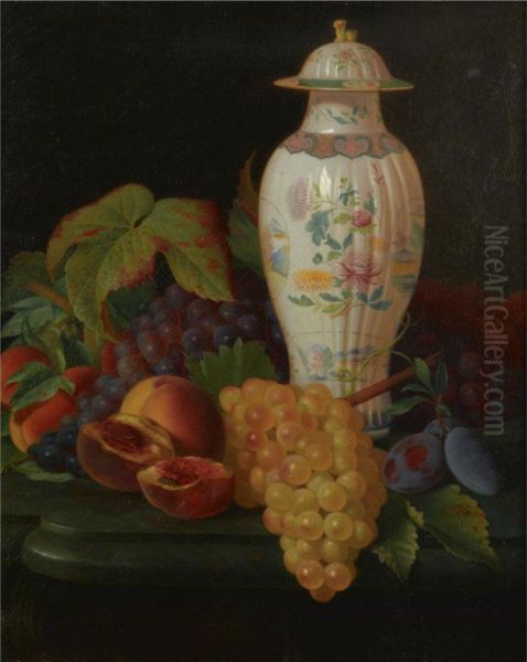 A Famille Rose Vase With Grapes, Peaches, Plums And Apricots On Atable Oil Painting by Antione Henault