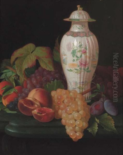 A Famille Rose Vase With Grapes, Peaches, Plums And Apricots On Atable Oil Painting by Antione Henault