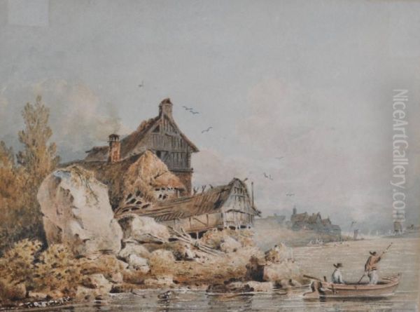 Cottages On A Riverbank Oil Painting by John Henderson