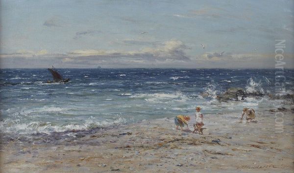 Children On The Beach Oil Painting by John Henderson