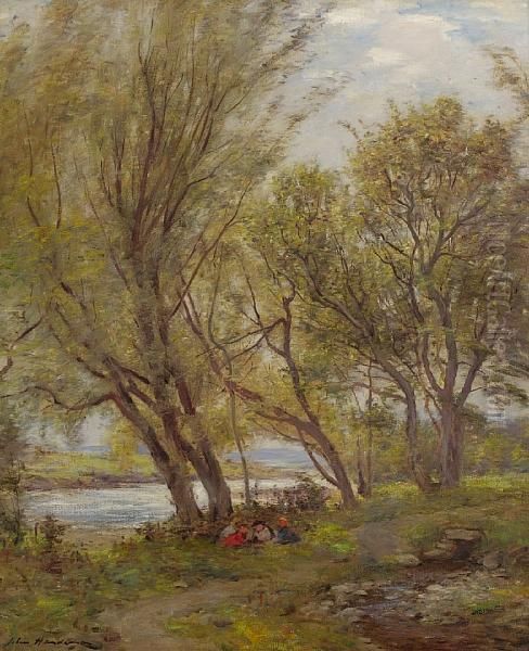 Children By A River Oil Painting by John Henderson