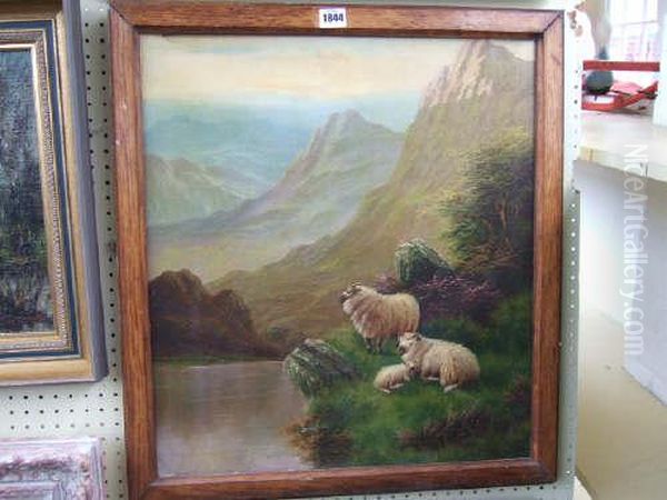 Sheep By Highland Loch Oil Painting by Mathew Henderson