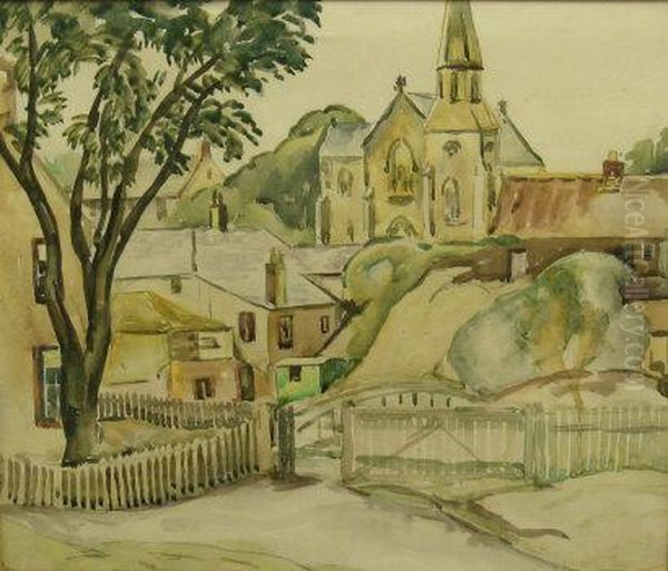 A View Of A Village With A Church On A Hill Oil Painting by P. Henderson