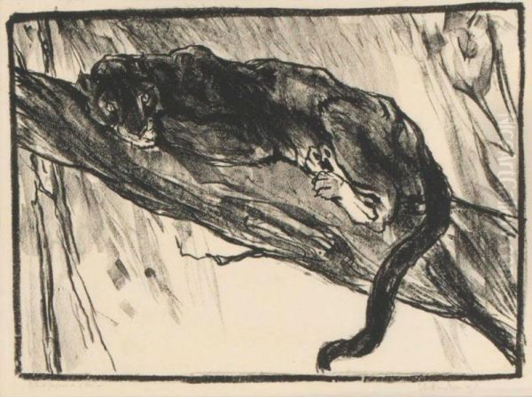 'black Jaguar In A Tree' And 'leopard Watching': A Pair Of Etchings Oil Painting by P. Henderson