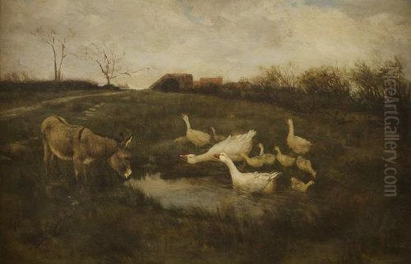 Donkeys And Geese At A Pond Oil Painting by William Henderson