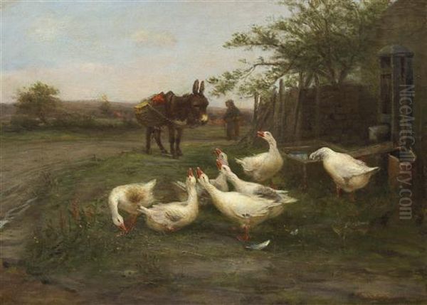 Geese And Donkey Oil Painting by William Henderson