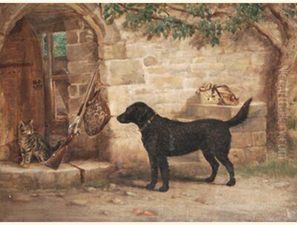 'neptune', A Curly Coated Retreiver Waiting For His Master Oil Painting by William Henderson