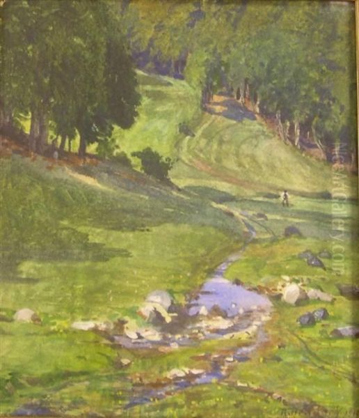 Pastoral Watercolor Landscape With Stream Oil Painting by Richard Hendorf