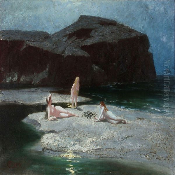 Moonlit Night With Three Girls Skinny Dipping Oil Painting by Hermann Hendrich