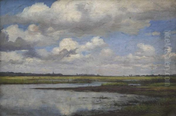 Sommerlandschaft Mit Weitem Himmel Sowie Kuhen Und Stadtsilhouette In Der Ferne Oil Painting by Barend Leonardus Hendriks