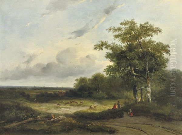 Herding The Sheep, A Town In The Distance Oil Painting by Frederik Hendrik Hendriks