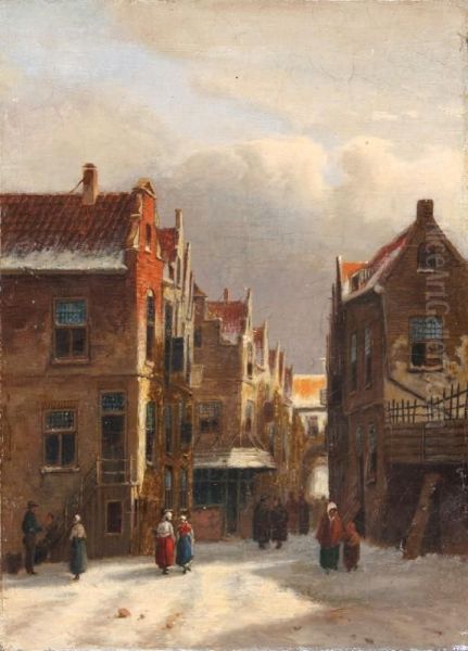 A Winter Scenewith Some Passers-by In The Boterstraat At The Dutch Town Ofutrecht On A Snowy Day Oil Painting by Frederik Hendrik Hendriks