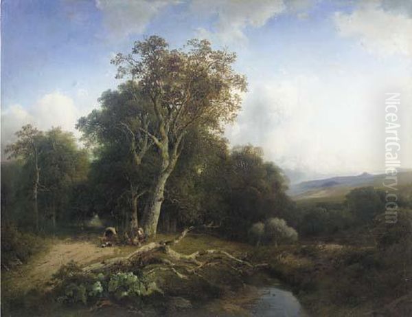 Peasants Resting By A Tree In A Wooded Valley Oil Painting by Frederik Hendrik Hendriks