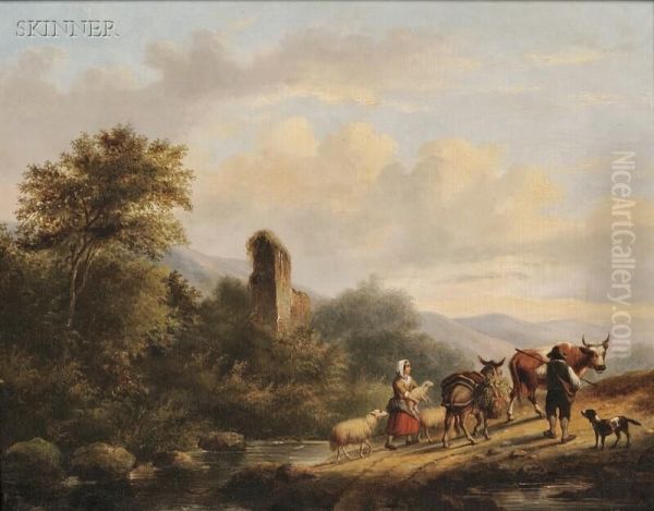 Travelers In A Landscape With Ruins Oil Painting by Gerardus Hendriks