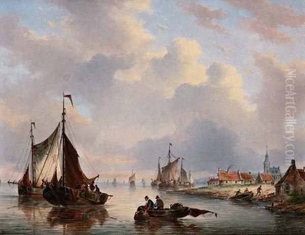 Rivierlandschap Met Vissersboten En Overzetveer Oil Painting by Gerardus Hendriks