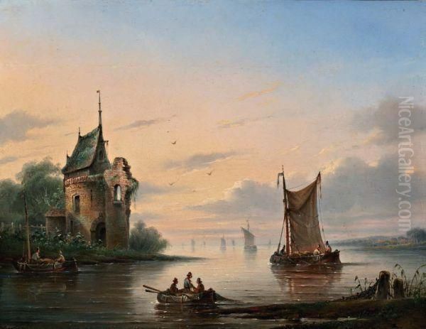 Rivierlandschap Met Vissersboten Bij Torenru ne Oil Painting by Gerardus Hendriks