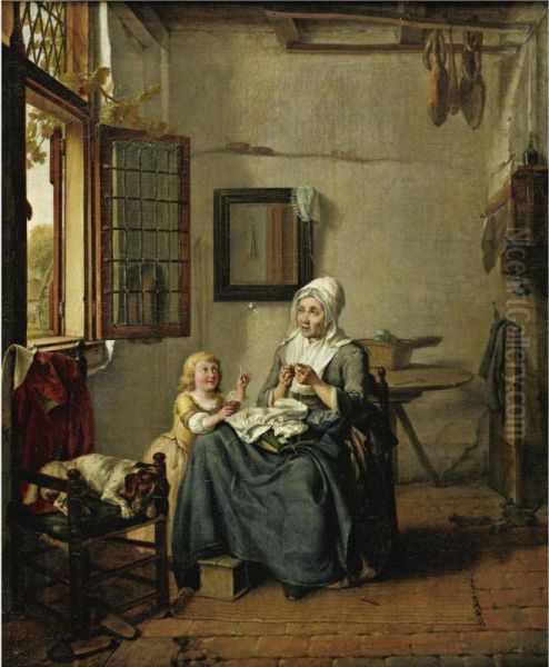 Interior With A Woman And Child Sewing By An Open Window, A Dog Asleep In A Chair Oil Painting by Wijbrand Hendriks