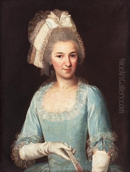 Portrait Of A Lady, Half-length, In A Turquoise, Lace-edged Dress And White Gloves, Holding A Fan Oil Painting by Wijbrand Hendriks