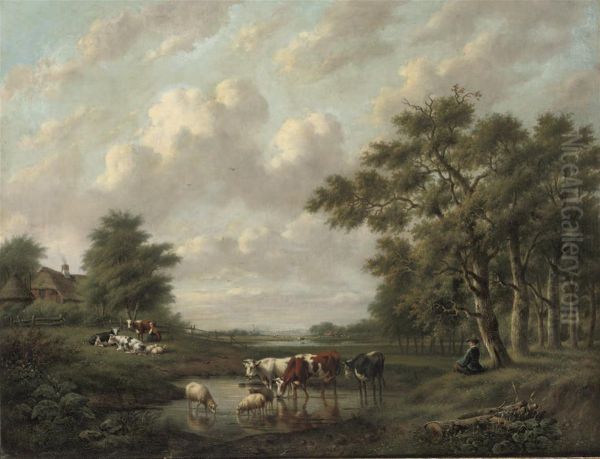 A Shepherd And Shepherdess With Their Flock Near A Pond Oil Painting by Willem Hendriks